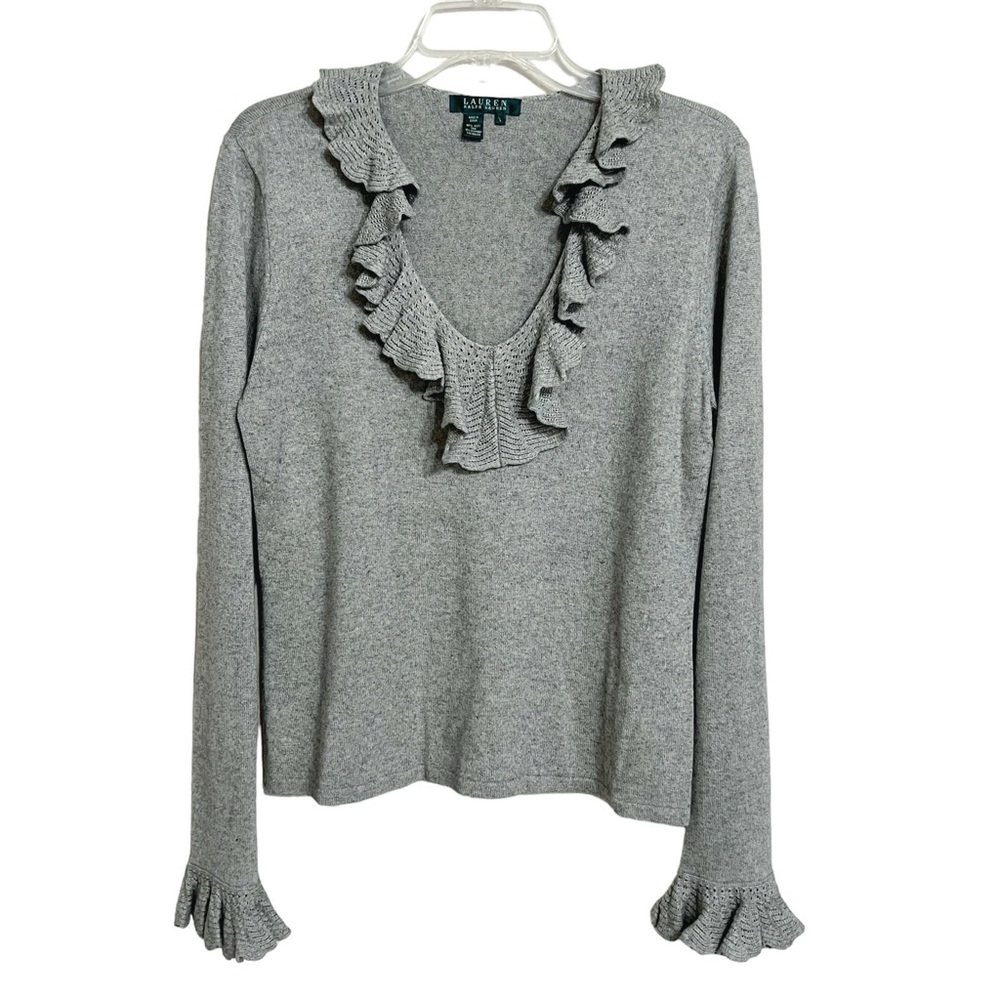 Lauren Ralph Lauren Ruffle Sweater Size L Womens Gray Silk Cashmere Blend V Neck
